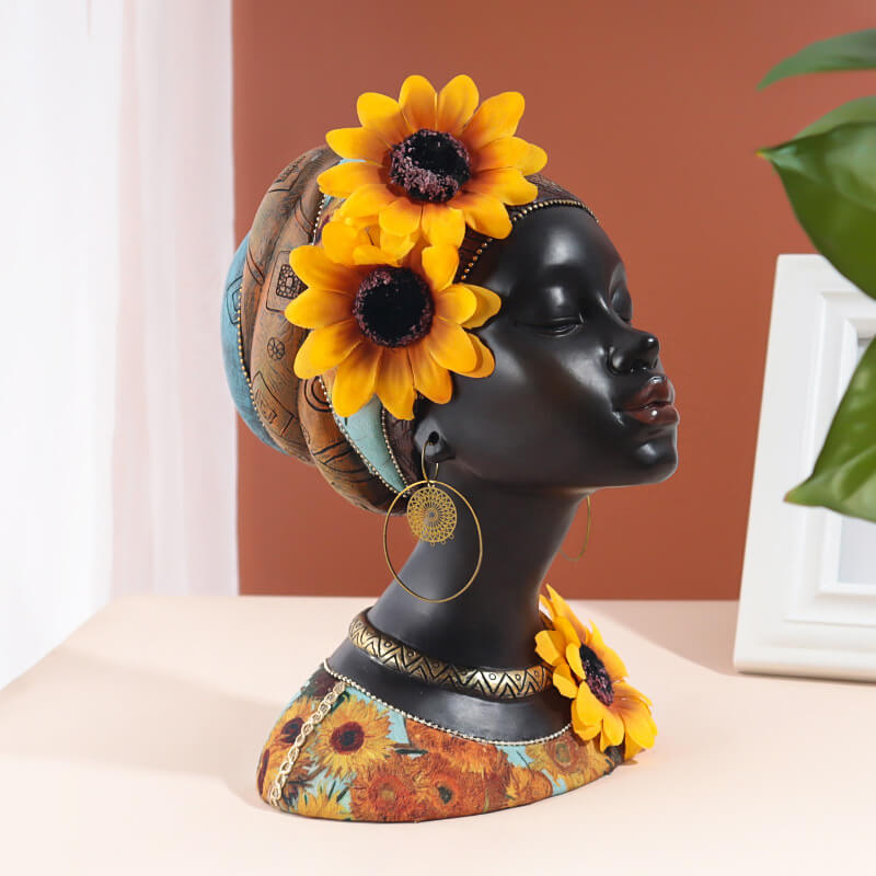 African Style Home Decorations Sunflower Black Girl Resin Statue Ornaments