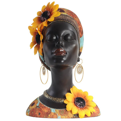 African Style Home Decorations Sunflower Black Girl Resin Statue Ornaments