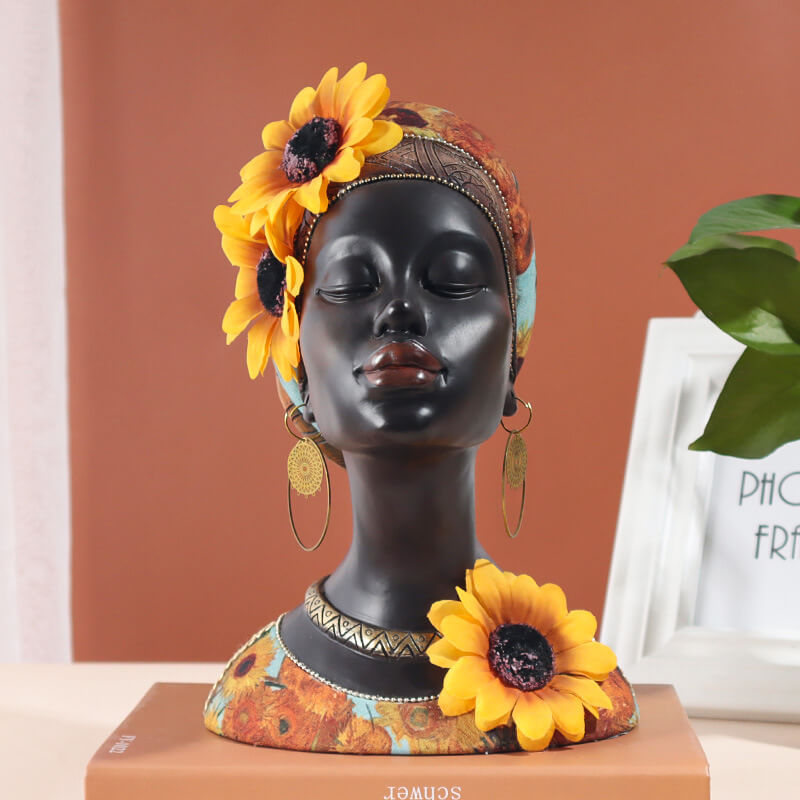 African Style Home Decorations Sunflower Black Girl Resin Statue Ornaments