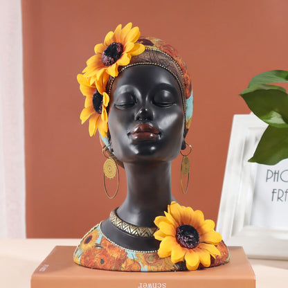 African Style Home Decorations Sunflower Black Girl Resin Statue Ornaments