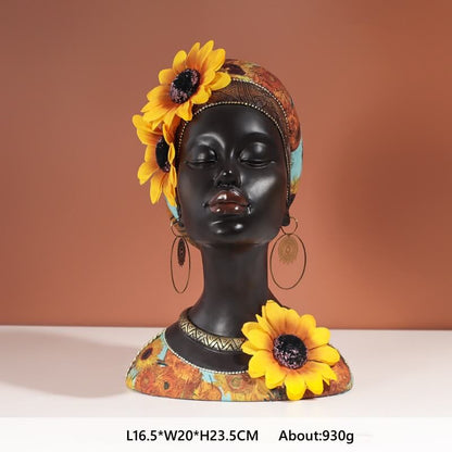 African Style Home Decorations Sunflower Black Girl Resin Statue Ornaments