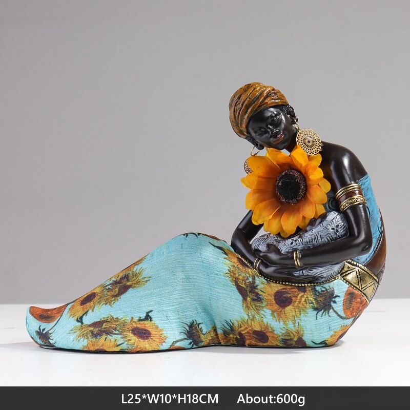 African Style Home Decorations Sunflower Black Girl Resin Statue Ornaments