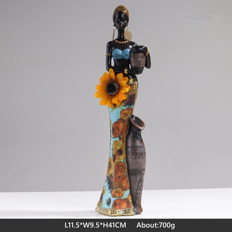 African Style Home Decorations Sunflower Black Girl Resin Statue Ornaments